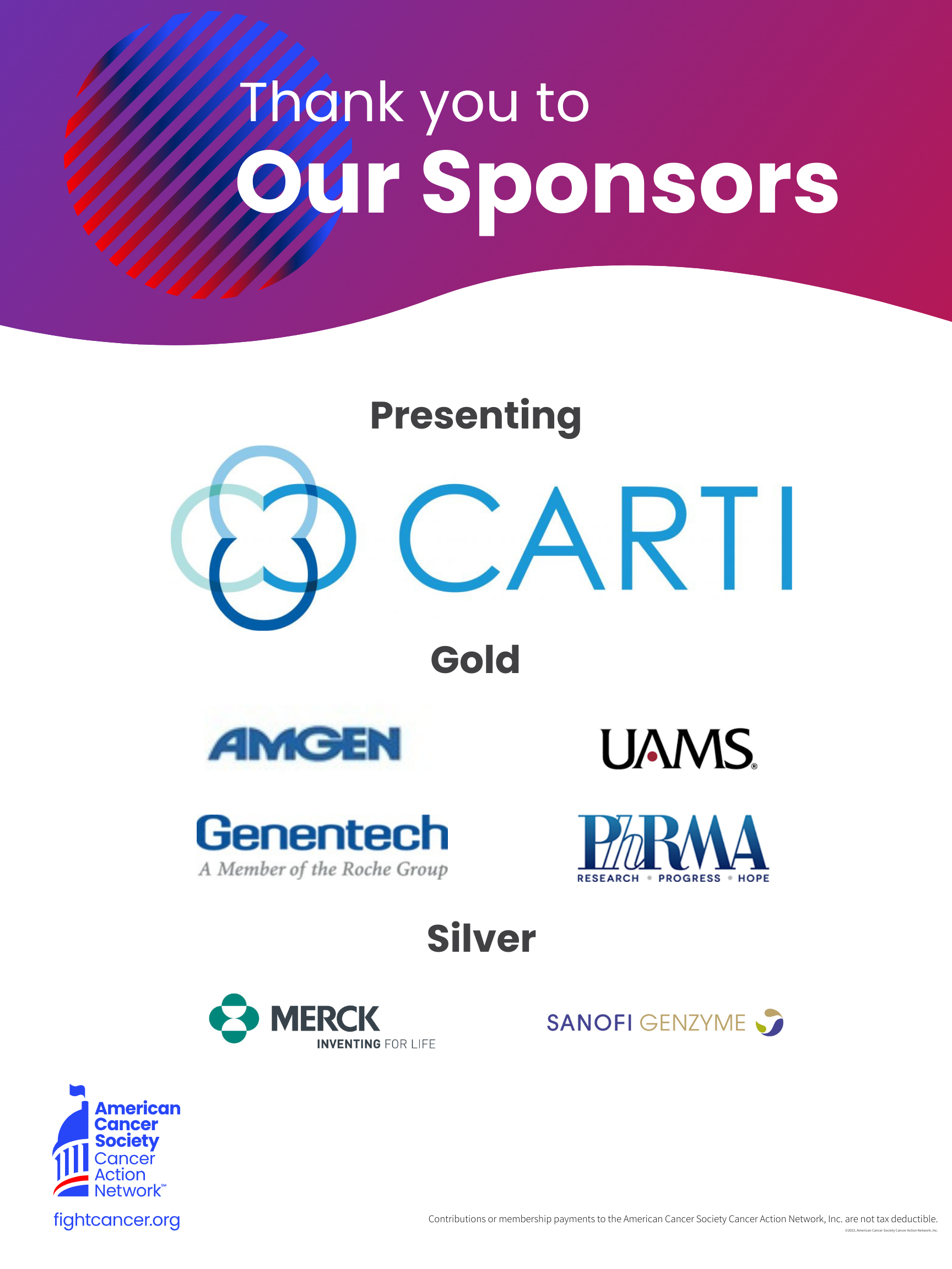 AR Policy Forum Sponsor List featuring: Presenting sponsor CARTI, Gold sponsors Amgen, UAMS, Genentech, Phrma, and Silver sponsors merck and sanofi genzyme