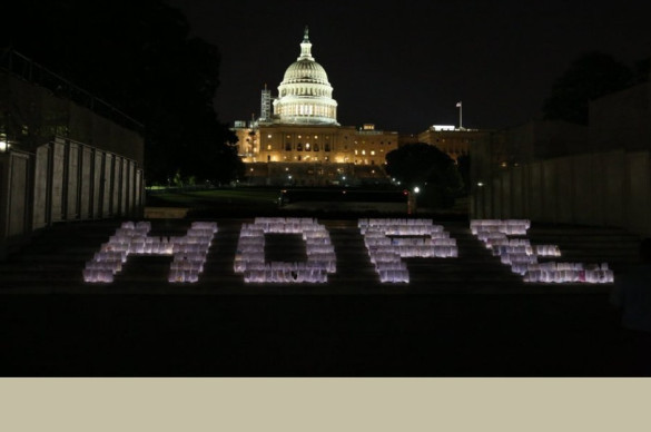 image of the US capitol with a display of lights of hope bags, spelling "hope" in front of the capitol steps